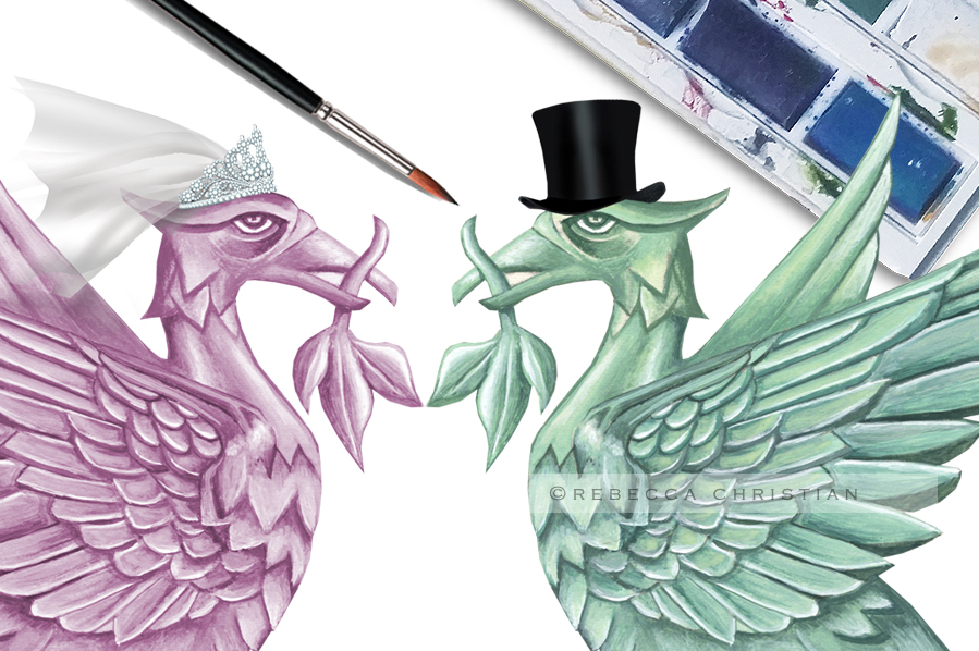 Rebecca Christian hand illustrated water colour liver bird wedding stationary and invitations